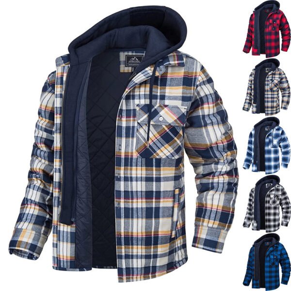 Men's Plaid Hooded Coat Winter Warm Button Zip-up Jacket Fashion Casual Thick Padded Long Sleeves Outerwear Clothing