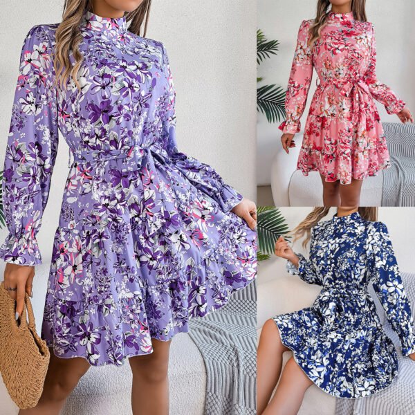 Standing Collar Floral Print Waist-controlled Long Sleeves Ruffled A-line Dresses For Women Spring Autumn Ruffle Edge Long Dress